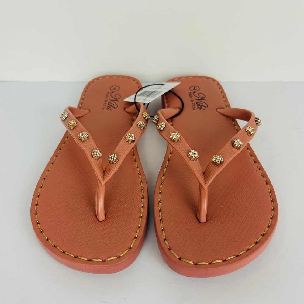 NWT Flip Flops Women's 7 Pink Rose Gold Rhinestone Cushion Rubber Sole Sandals